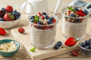 Overnight Oats sit in a counter with fruit spilled over the top
