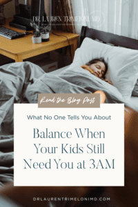 tired mom sleeps at desk with coffee in front her. Post reads: What no one tells you about balance when your kids still need you at 3AM
